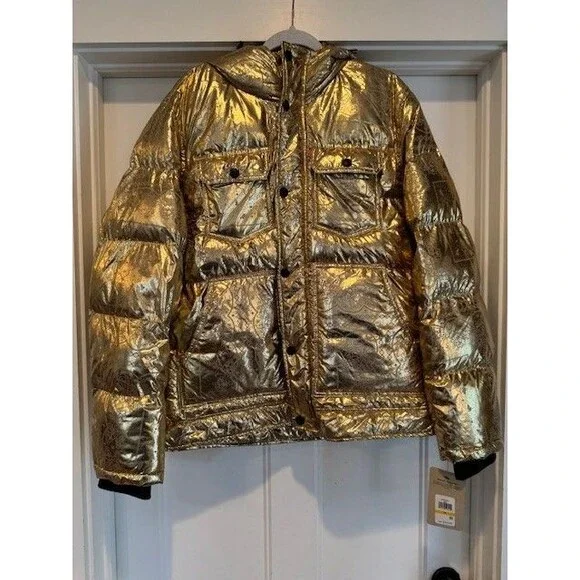 Levi’s Men’s Metallic Gold Bandana Puffer Jacket Hooded Down Insulated M $225 - Picture 6 of 6